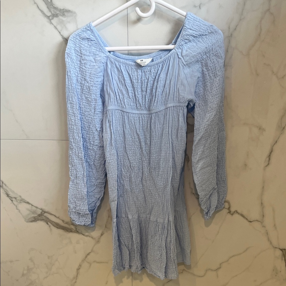 H&M Light Blue Crinkled Long Sleeve Dress